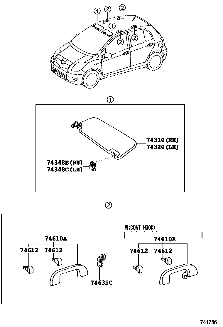 Toyota YARIS 扶手和遮阳板 EPC diagram — 741756
