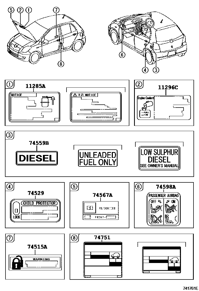 Toyota YARIS 警示铭牌(车外和车内) EPC diagram — 741761E
