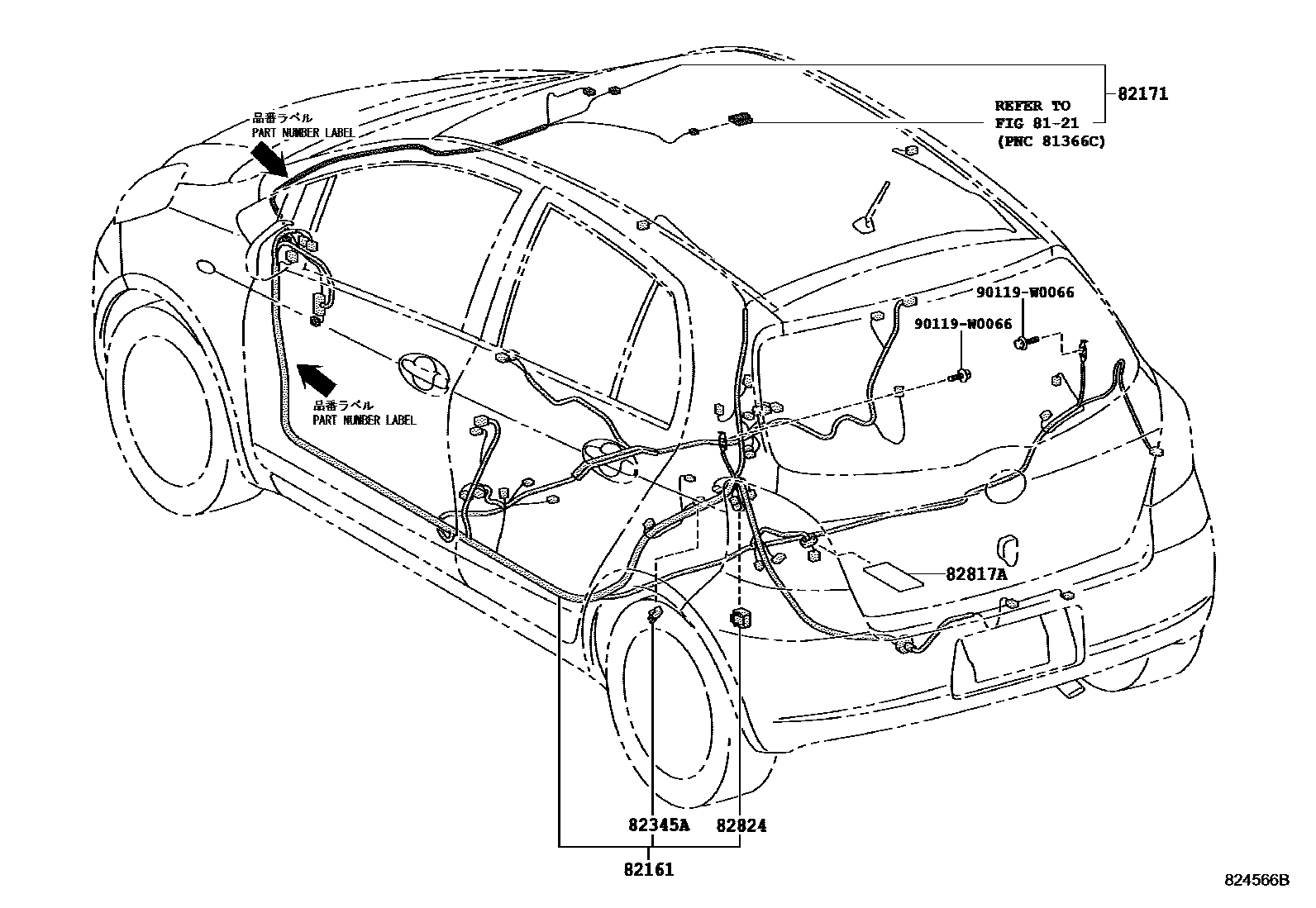 Toyota YARIS 线束和卡夹 EPC diagram — 824566B