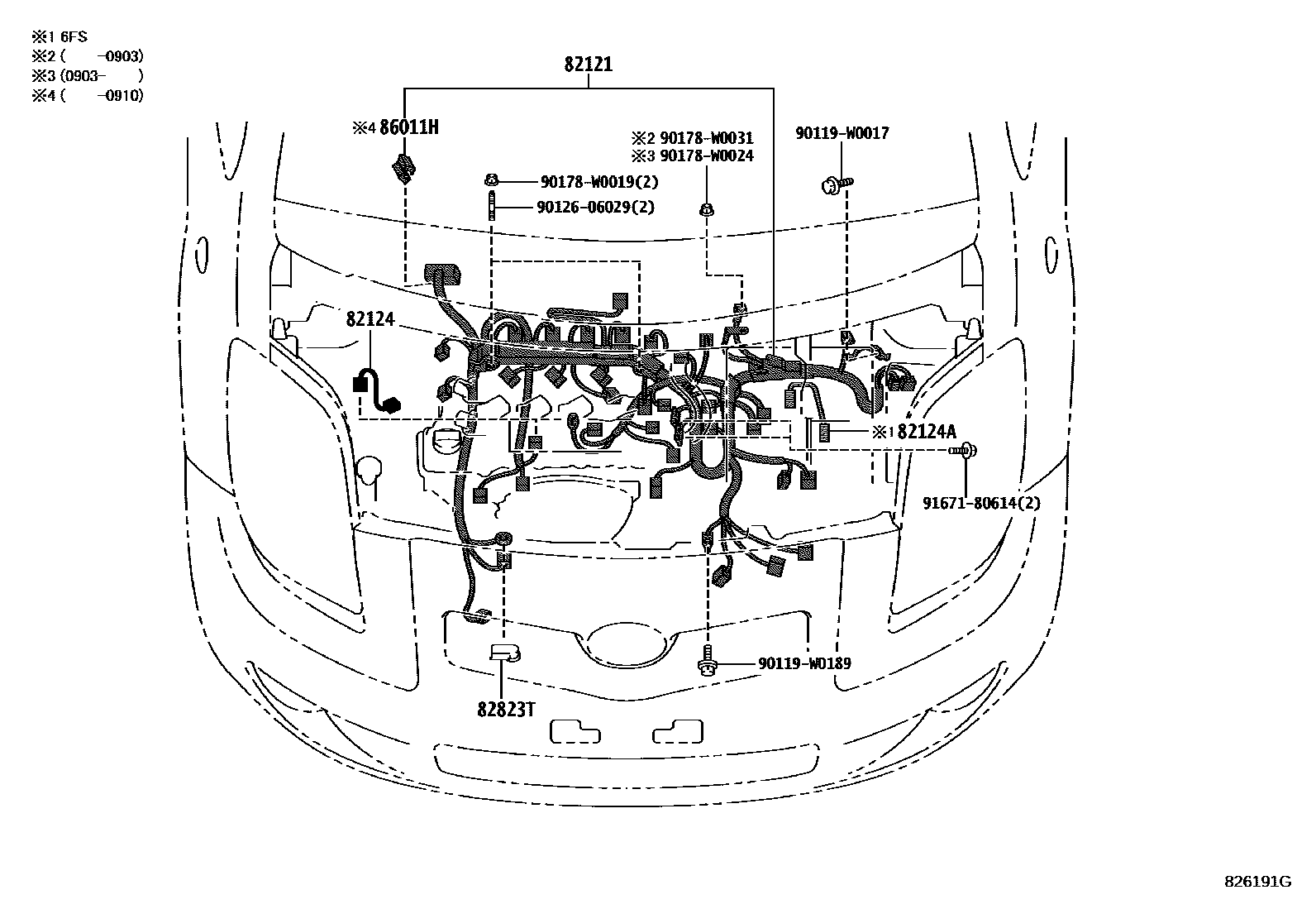 Toyota YARIS 线束和卡夹 EPC diagram — 826191G