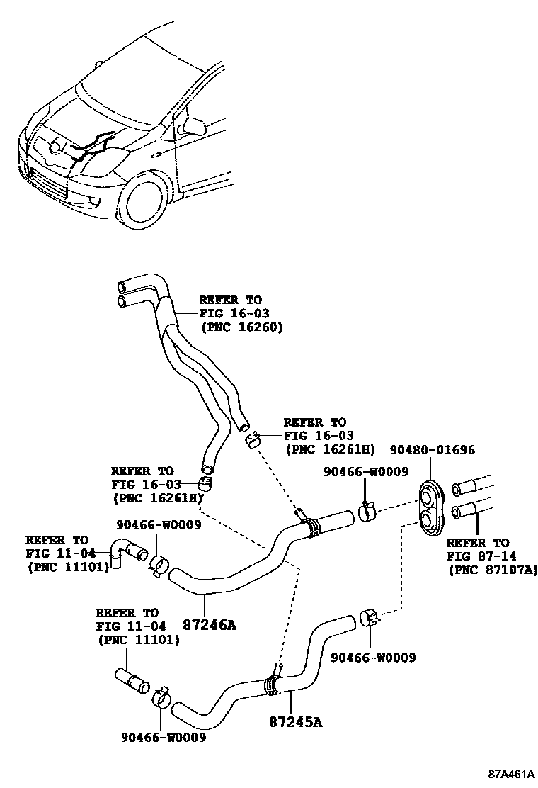 Toyota YARIS 暖风和空调系统 - 水管 EPC diagram — 87A461A
