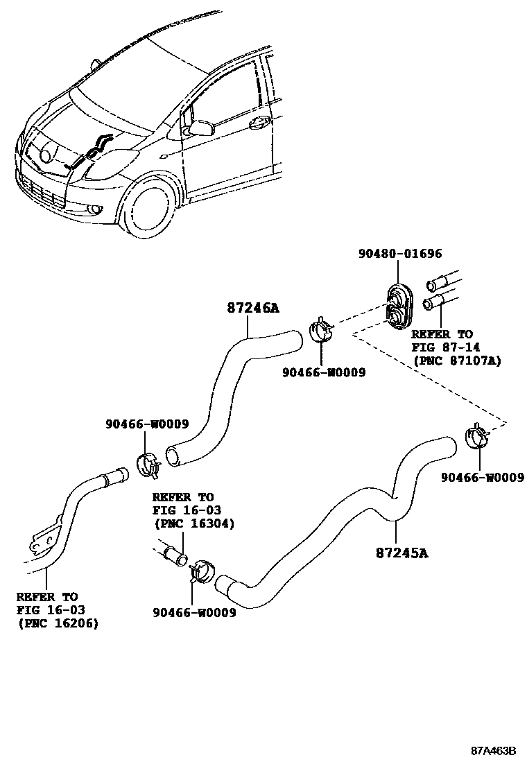 Toyota YARIS 暖风和空调系统 - 水管 EPC diagram — 87A463B