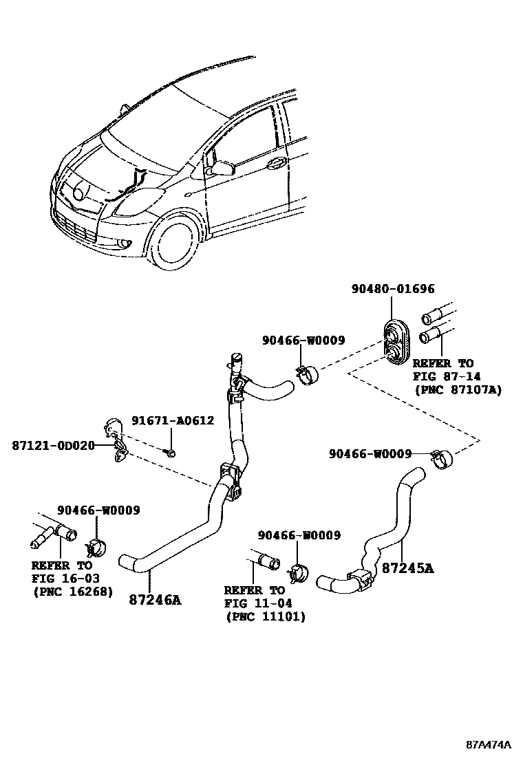 Toyota YARIS 暖风和空调系统 - 水管 EPC diagram — 87A474A