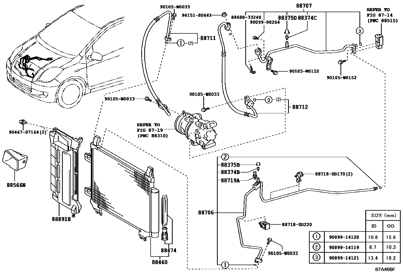 Toyota YARIS Heating & Air Conditioning - Cooler Piping EPC diagram — 87A466F