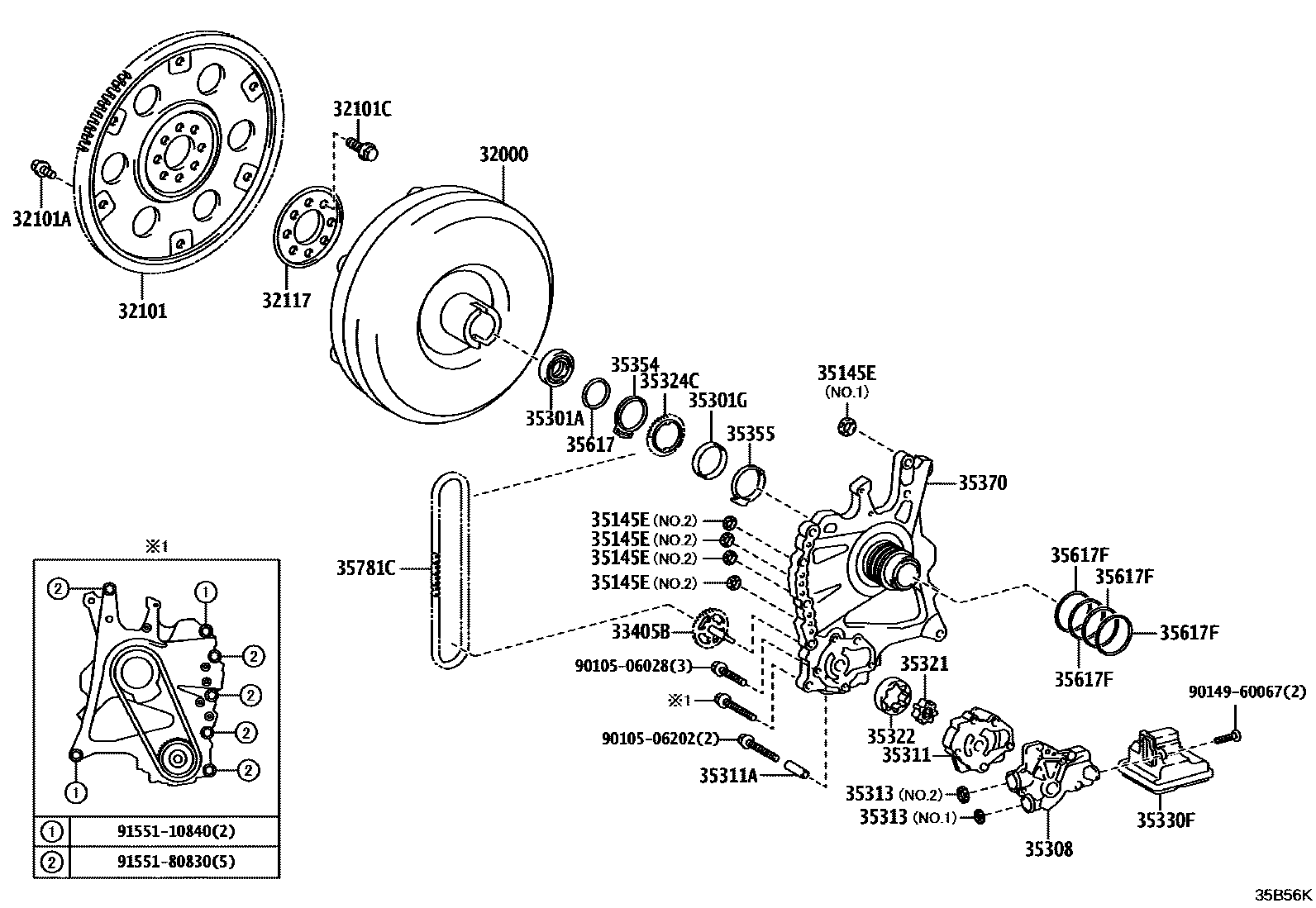 Toyota YARIS 变矩器、前油泵和链条(ATM) EPC diagram — 35B56K