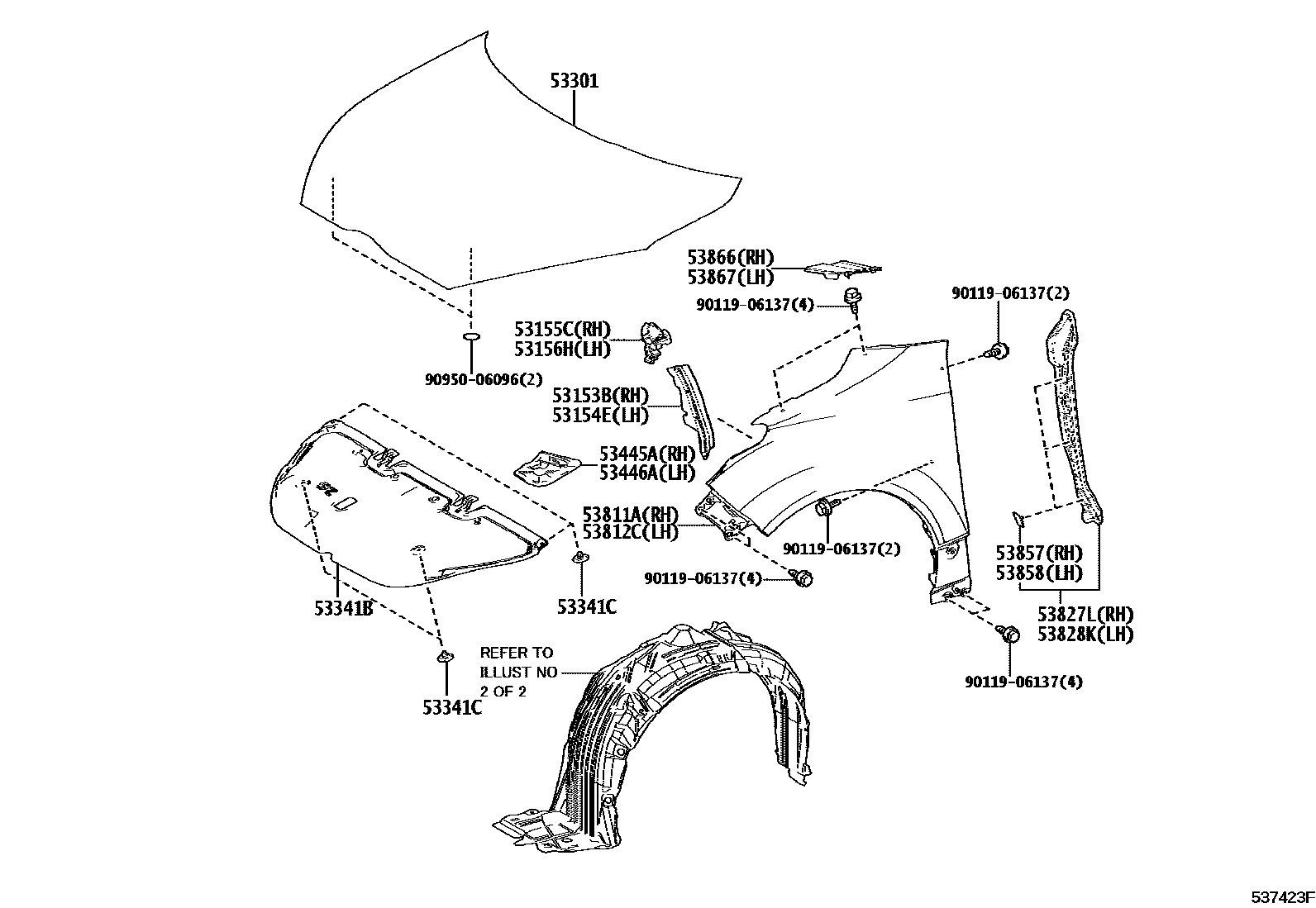 Toyota YARIS 发动机盖和前翼子板 EPC diagram — 537423F