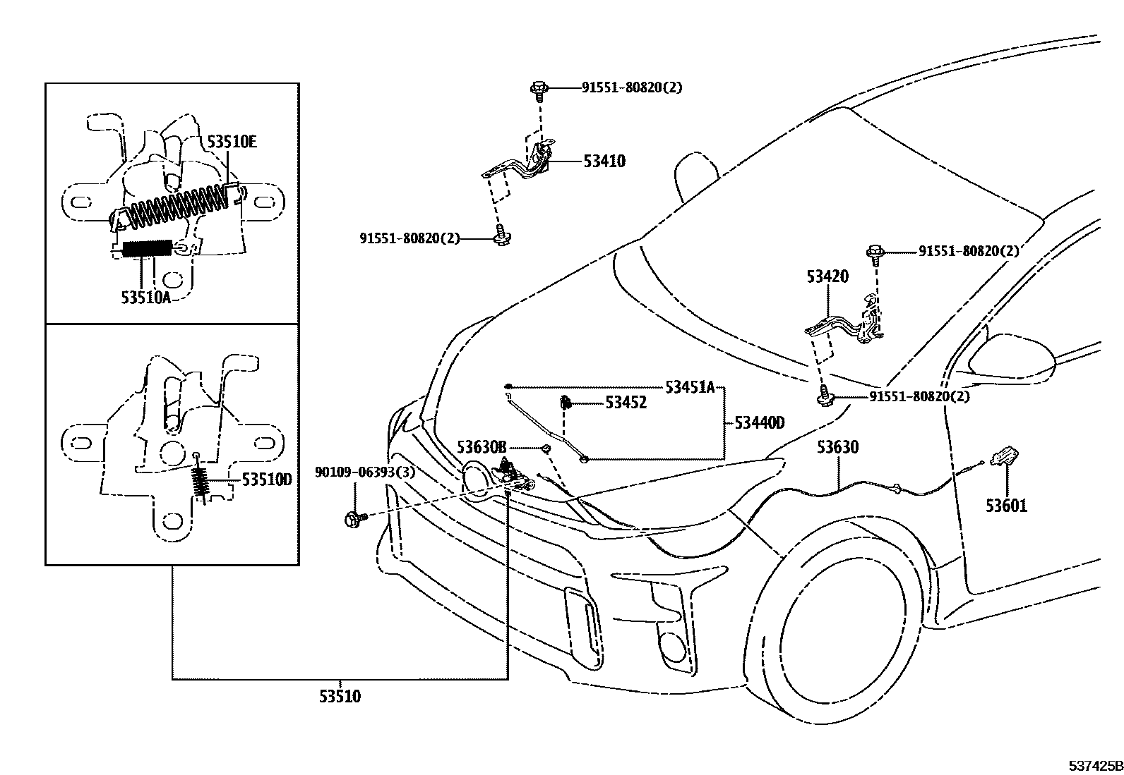 Toyota YARIS 发动机盖锁和铰链 EPC diagram — 537425B