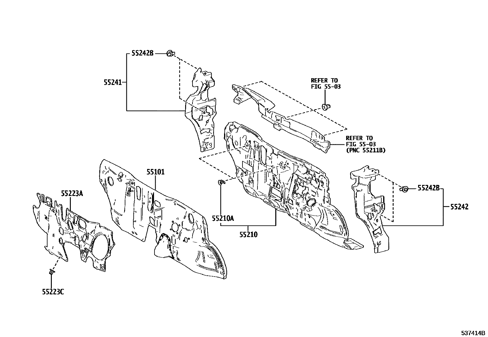 Toyota YARIS 前翼子板挡泥板和前围板 EPC diagram — 537414B
