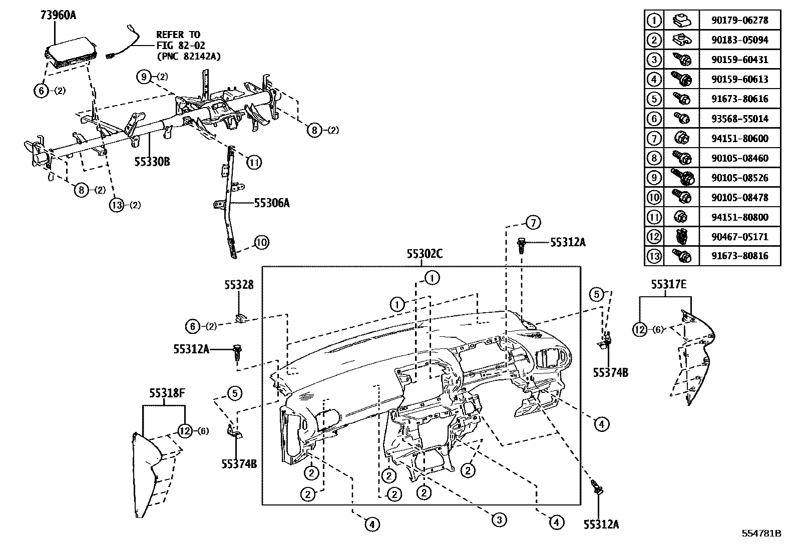 Toyota YARIS 仪表板和手套箱 EPC diagram — 554781B