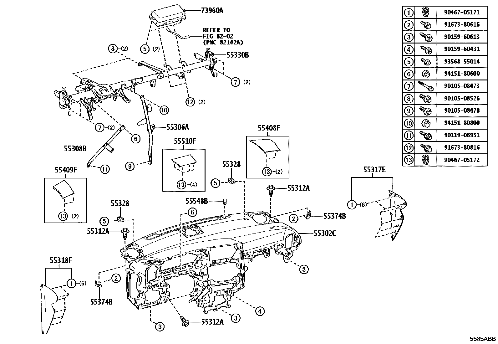 Toyota YARIS 仪表板和手套箱 EPC diagram — 5585ABB