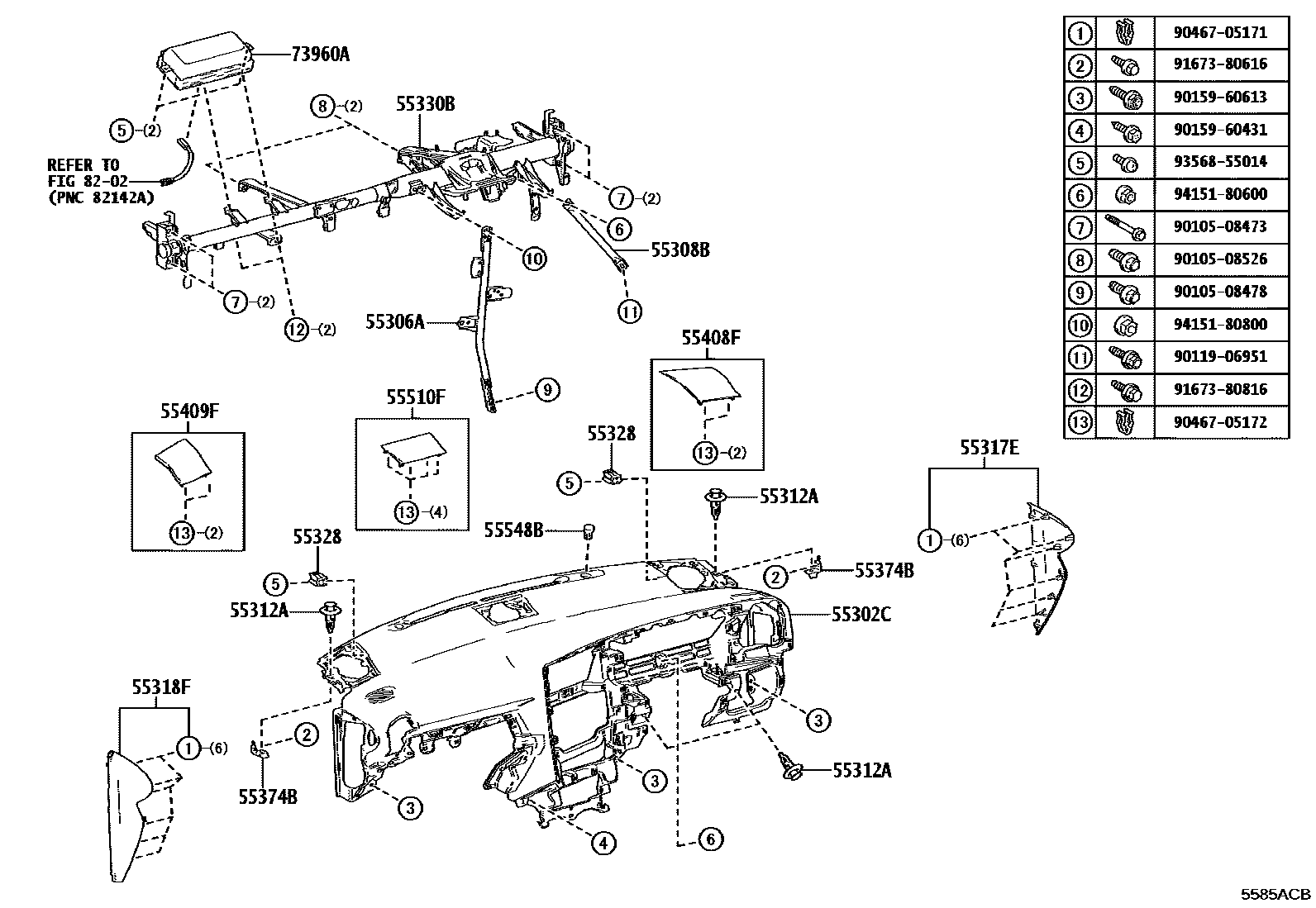 Toyota YARIS 仪表板和手套箱 EPC diagram — 5585ACB