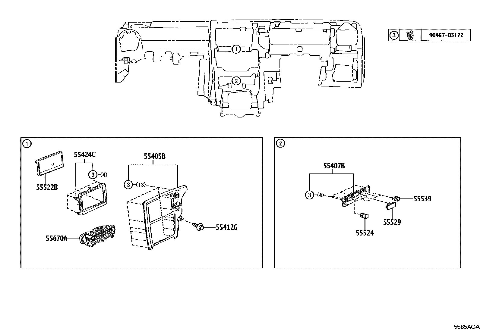 Toyota YARIS 仪表板和手套箱 EPC diagram — 5585AGA