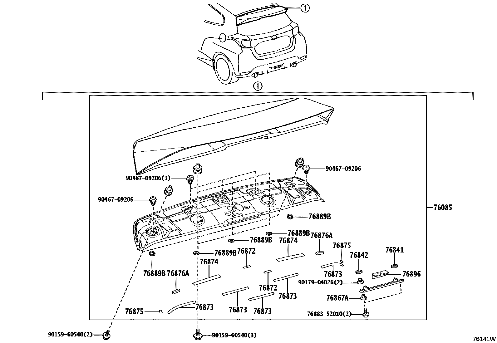 Toyota YARIS 挡泥板和扰流板 EPC diagram — 76141W