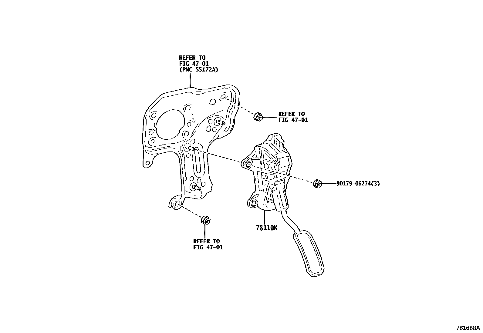 Toyota YARIS accelerator pedal connecting rod EPC diagram — 781688A