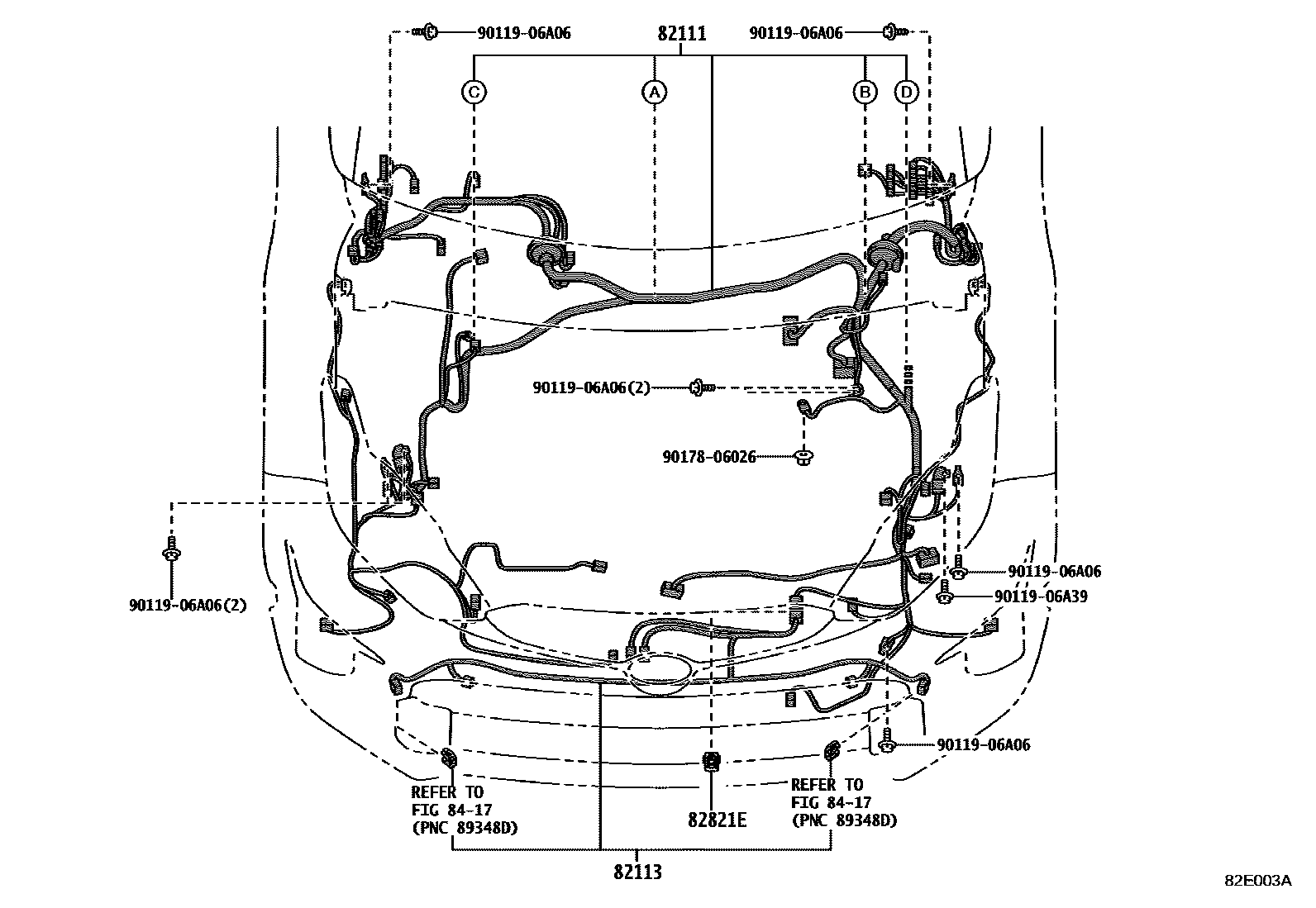Toyota YARIS 线束和卡夹 EPC diagram — 82E003A
