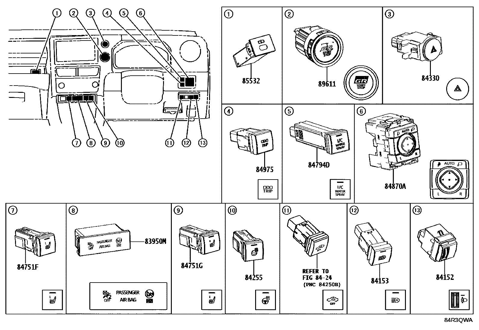 Toyota YARIS 开关和继电器和ECU EPC diagram — 84R3QWA