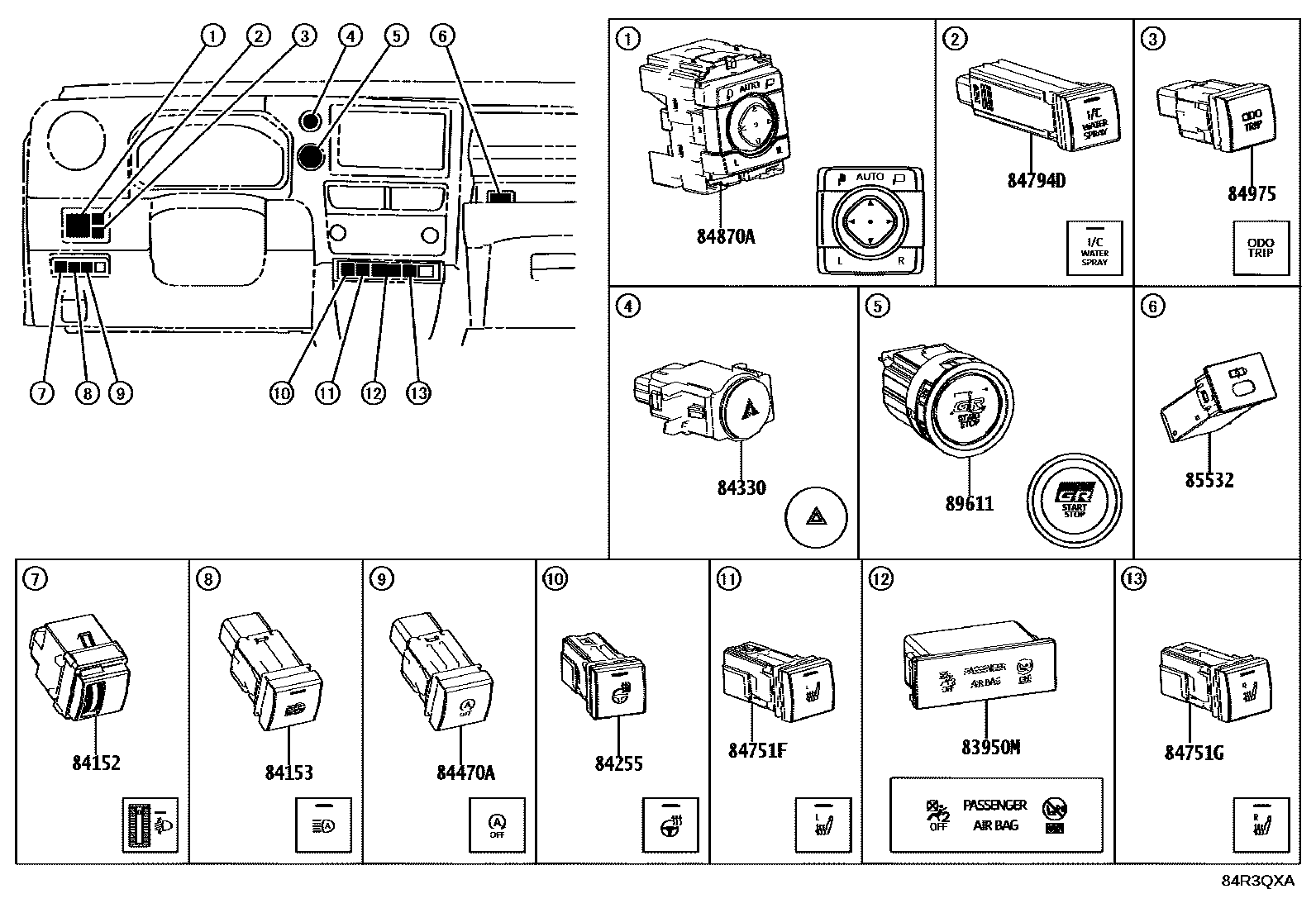Toyota YARIS 开关和继电器和ECU EPC diagram — 84R3QXA