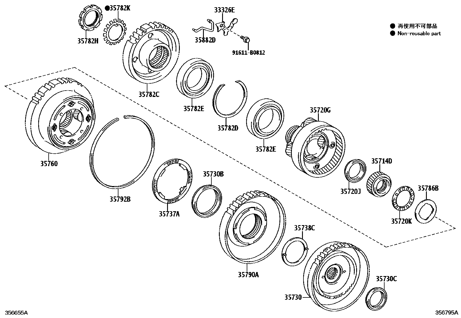 Toyota YARIS 行星齿轮、倒档活塞和中间轴齿轮(ATM) EPC diagram — 356795A