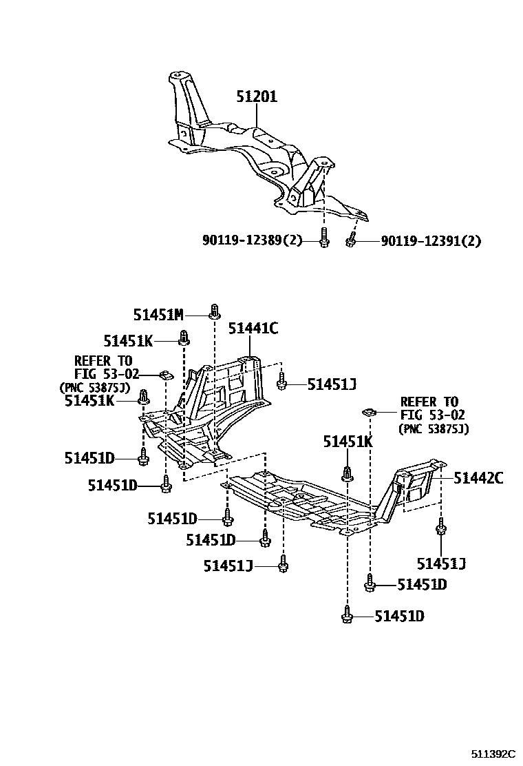 Toyota YARIS 悬架横梁和发动机底罩 EPC diagram — 511392C