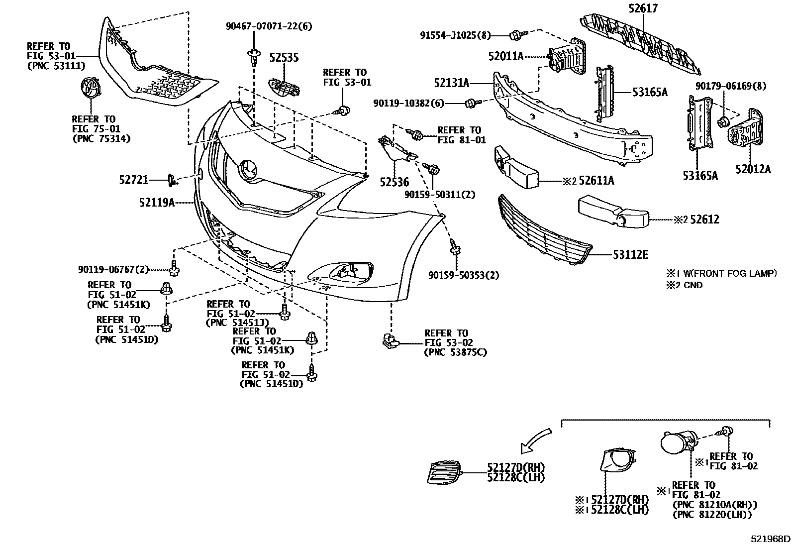 Toyota YARIS 前保险杠及附件 EPC diagram — 521968D