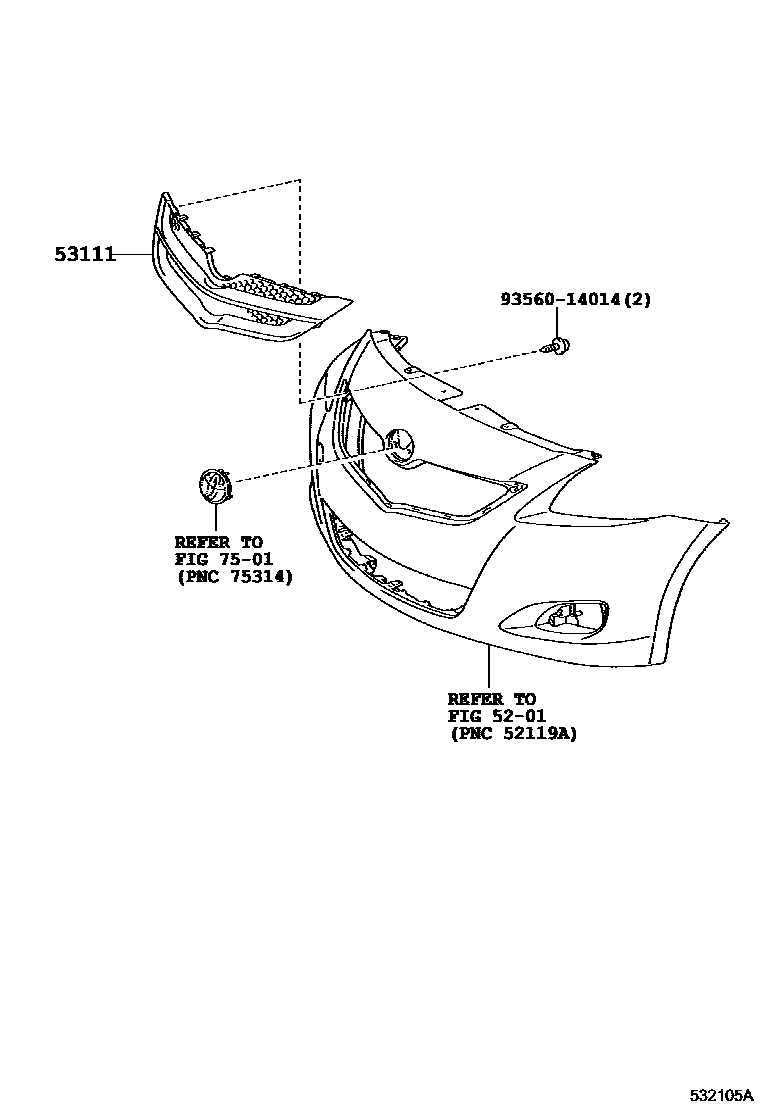 Toyota YARIS radiator grille EPC diagram — 532105A