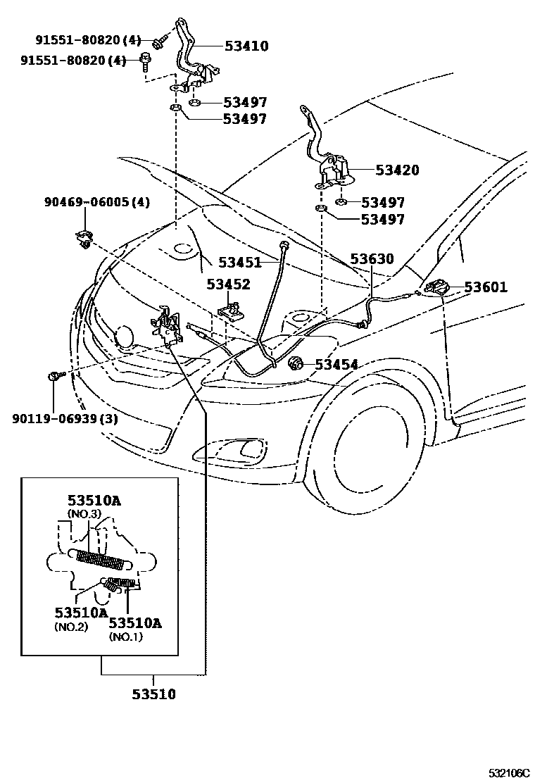 Toyota YARIS 发动机盖锁和铰链 EPC diagram — 532106C