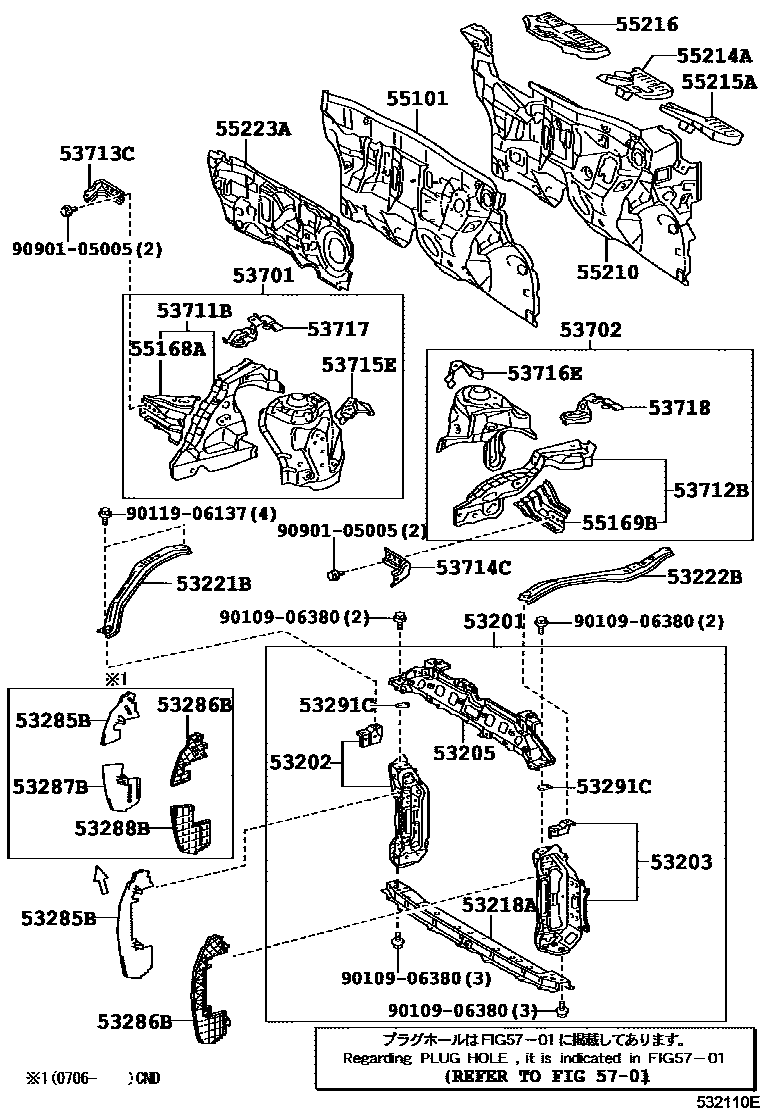 Toyota YARIS 前翼子板挡泥板和前围板 EPC diagram — 532110E