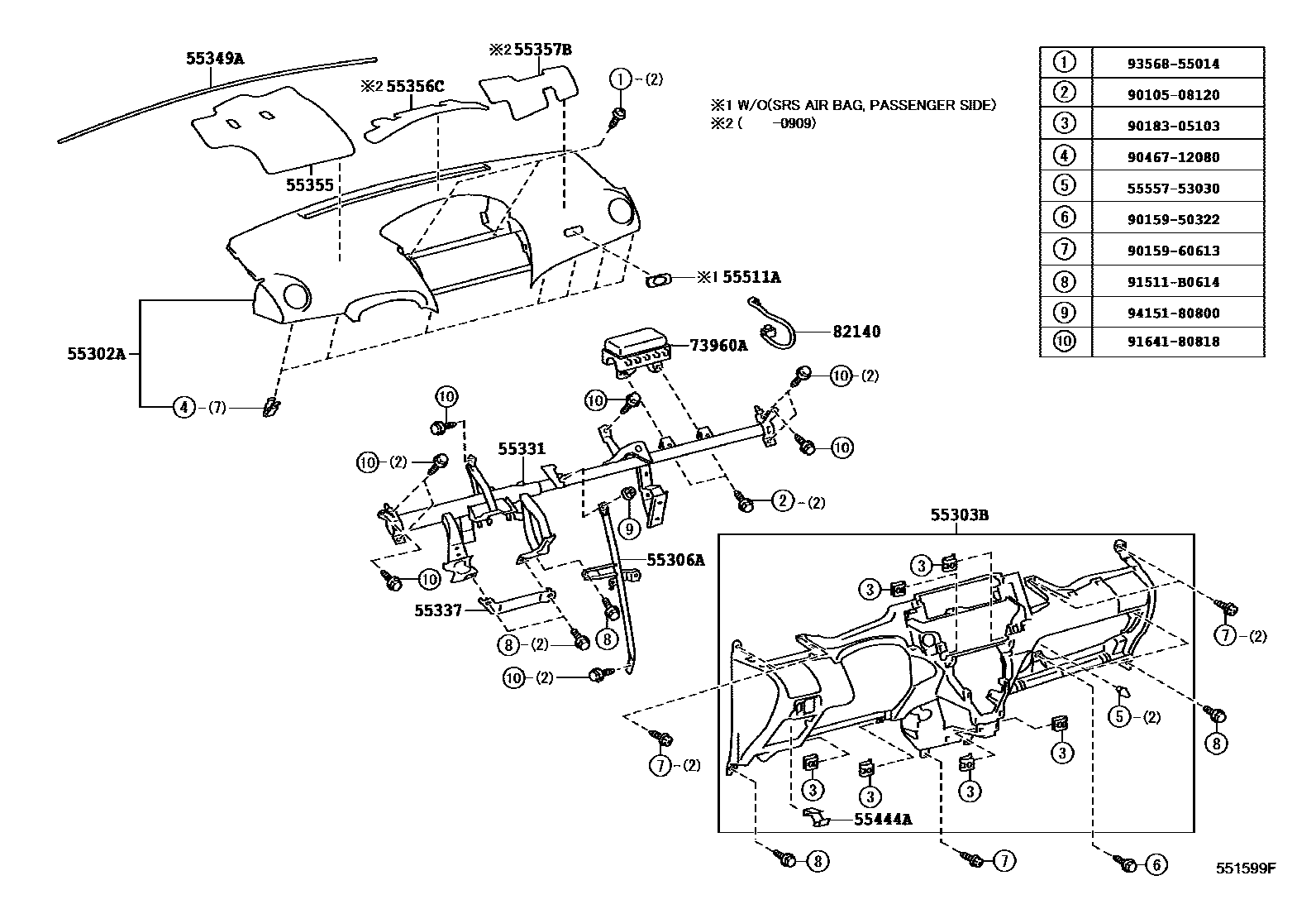 Toyota YARIS 仪表板和手套箱 EPC diagram — 551599F