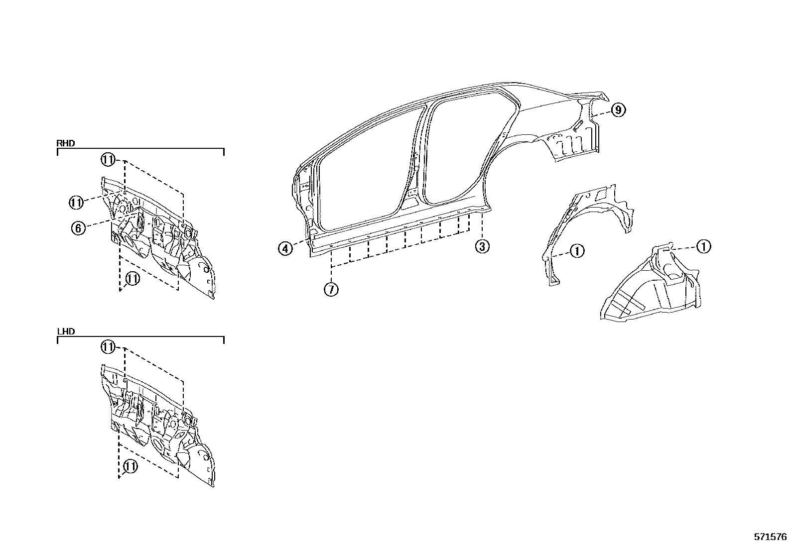 Toyota YARIS hole plug EPC diagram — 571576