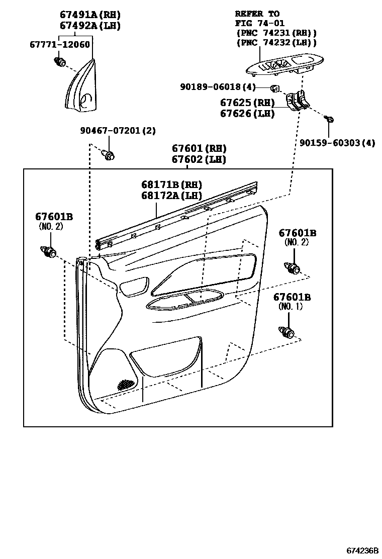 Toyota YARIS 前门板和前门玻璃 EPC diagram — 674236D