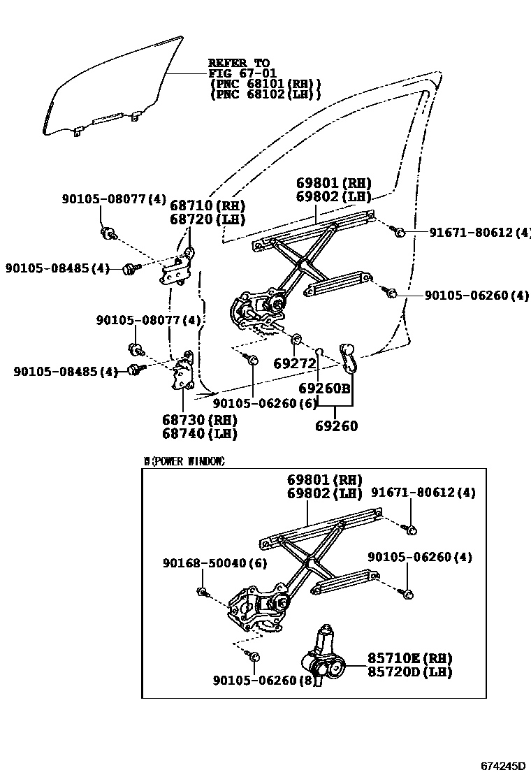 Toyota YARIS 前门车窗升降器和合页 EPC diagram — 674245D