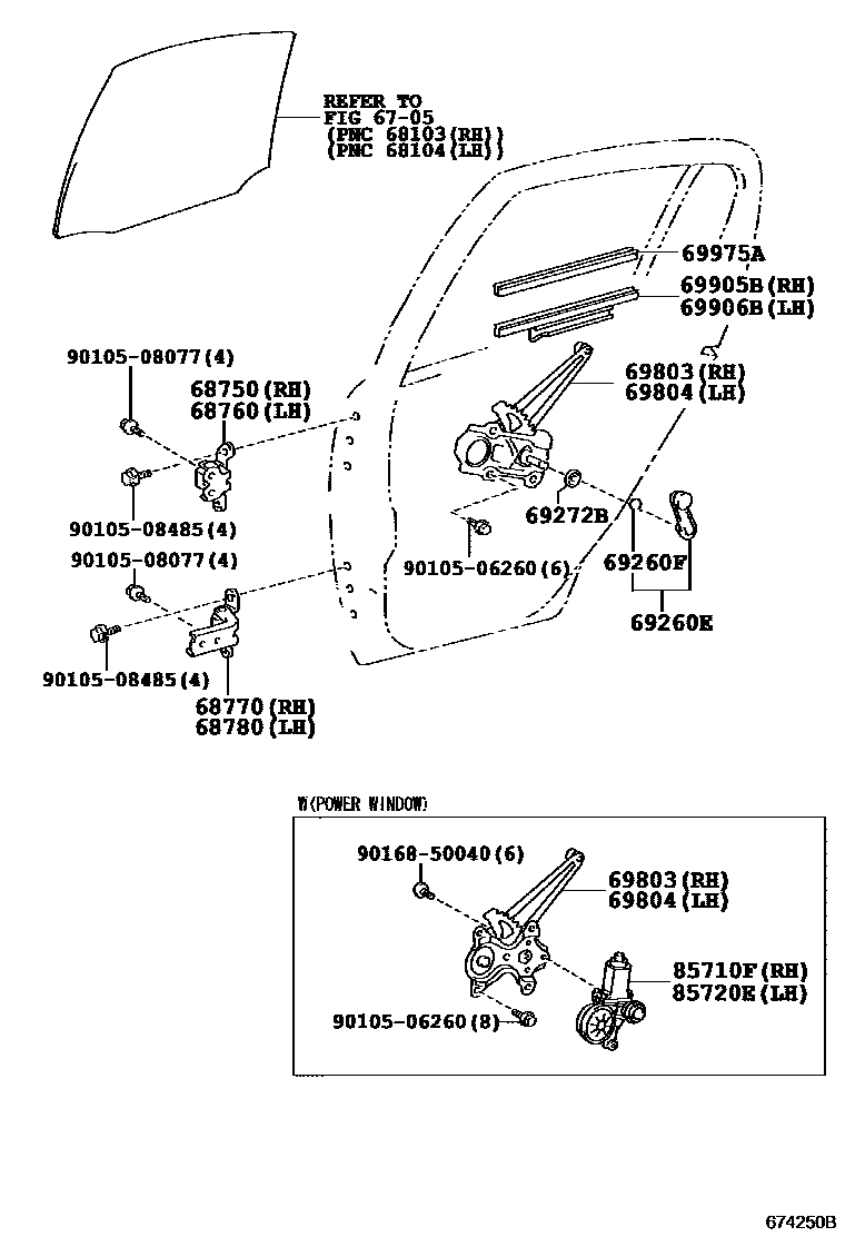 Toyota YARIS 后门车窗升降器和合页 EPC diagram — 674250B