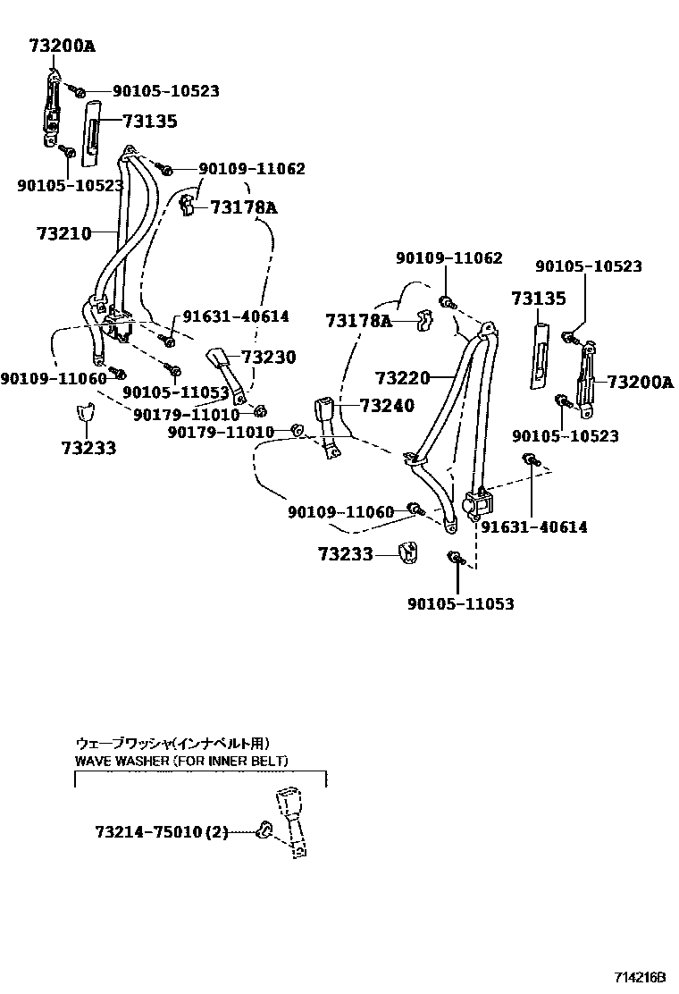 Toyota YARIS 安全带和儿童保护座椅 EPC diagram — 714216B