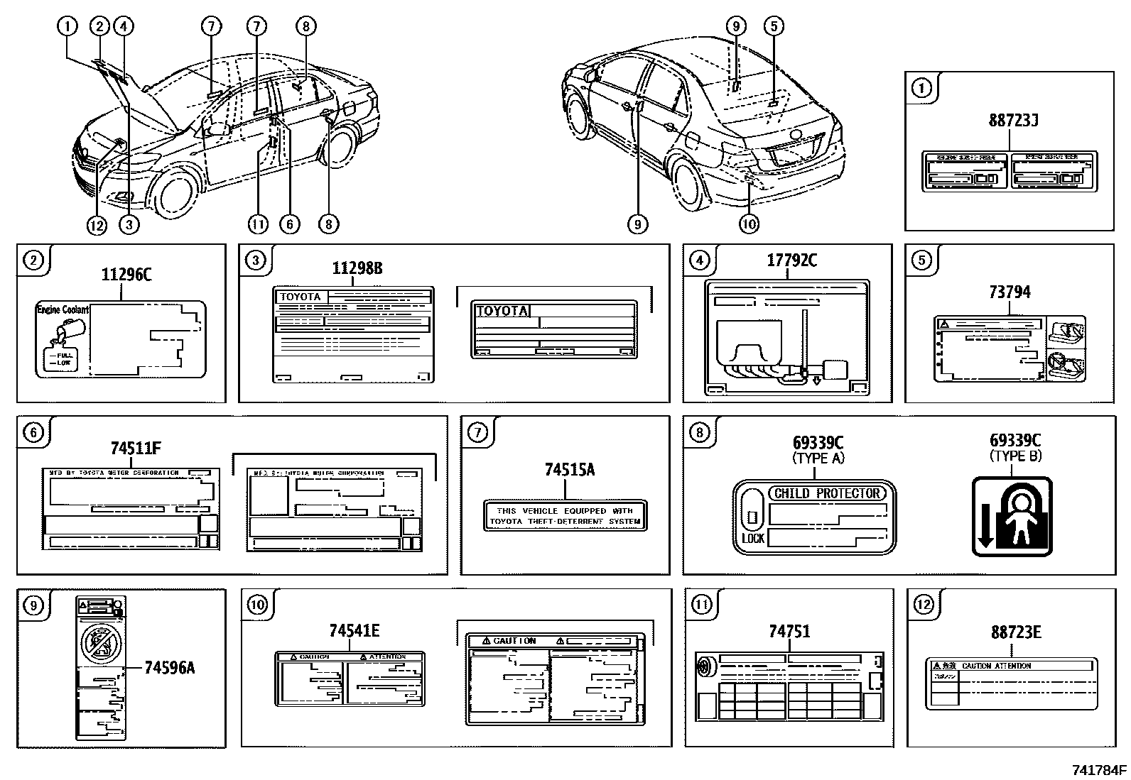 Toyota YARIS 警示铭牌(车外和车内) EPC diagram — 741784F
