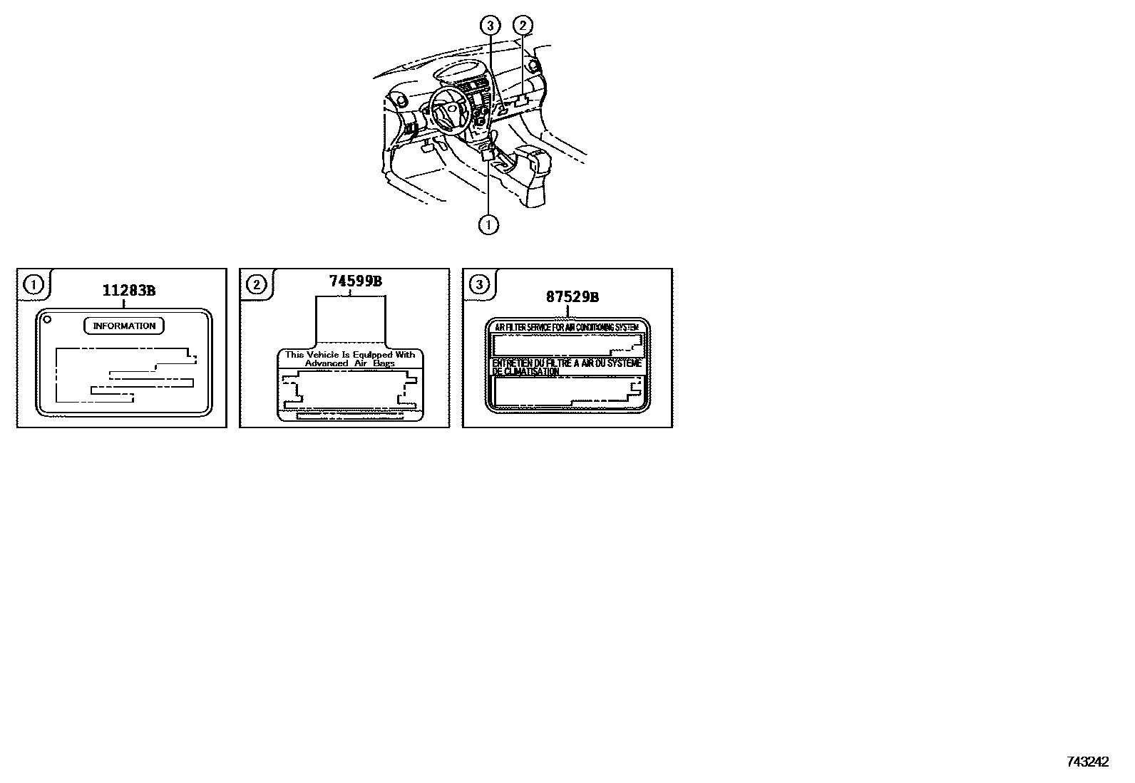 Toyota YARIS 警示铭牌(车外和车内) EPC diagram — 743242