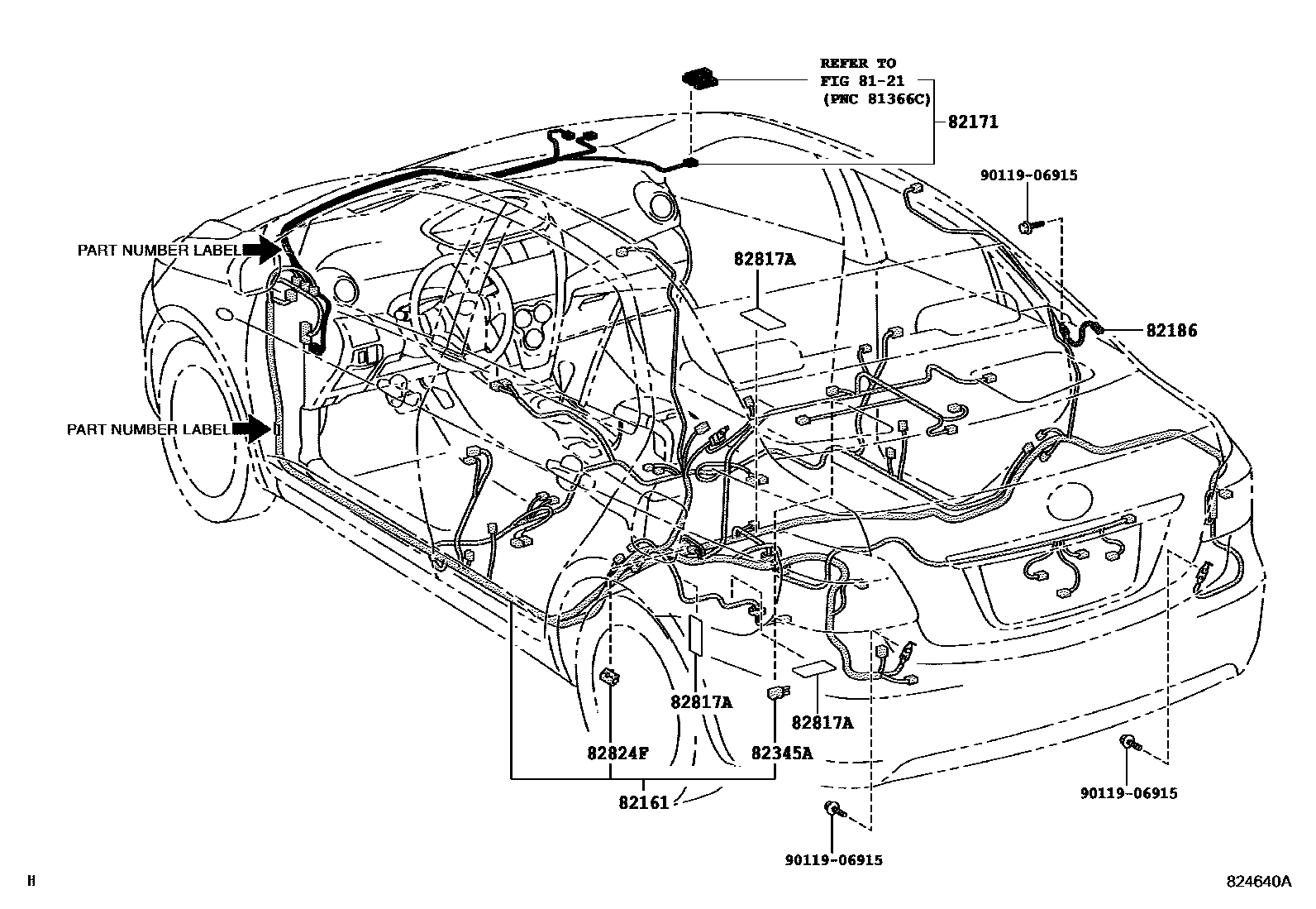 Toyota YARIS 线束和卡夹 EPC diagram — 824640A