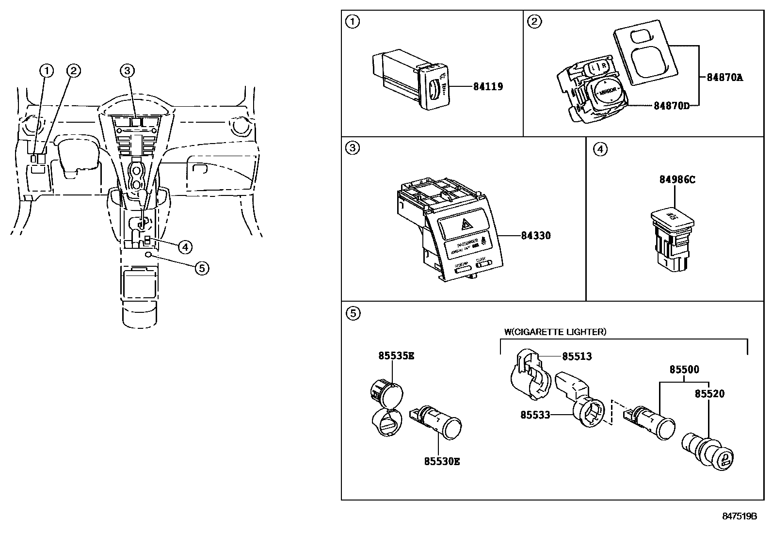 Toyota YARIS 开关和继电器和ECU EPC diagram — 847519B