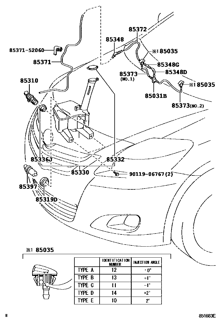 Toyota YARIS 挡风玻璃清洗器 EPC diagram — 851683E