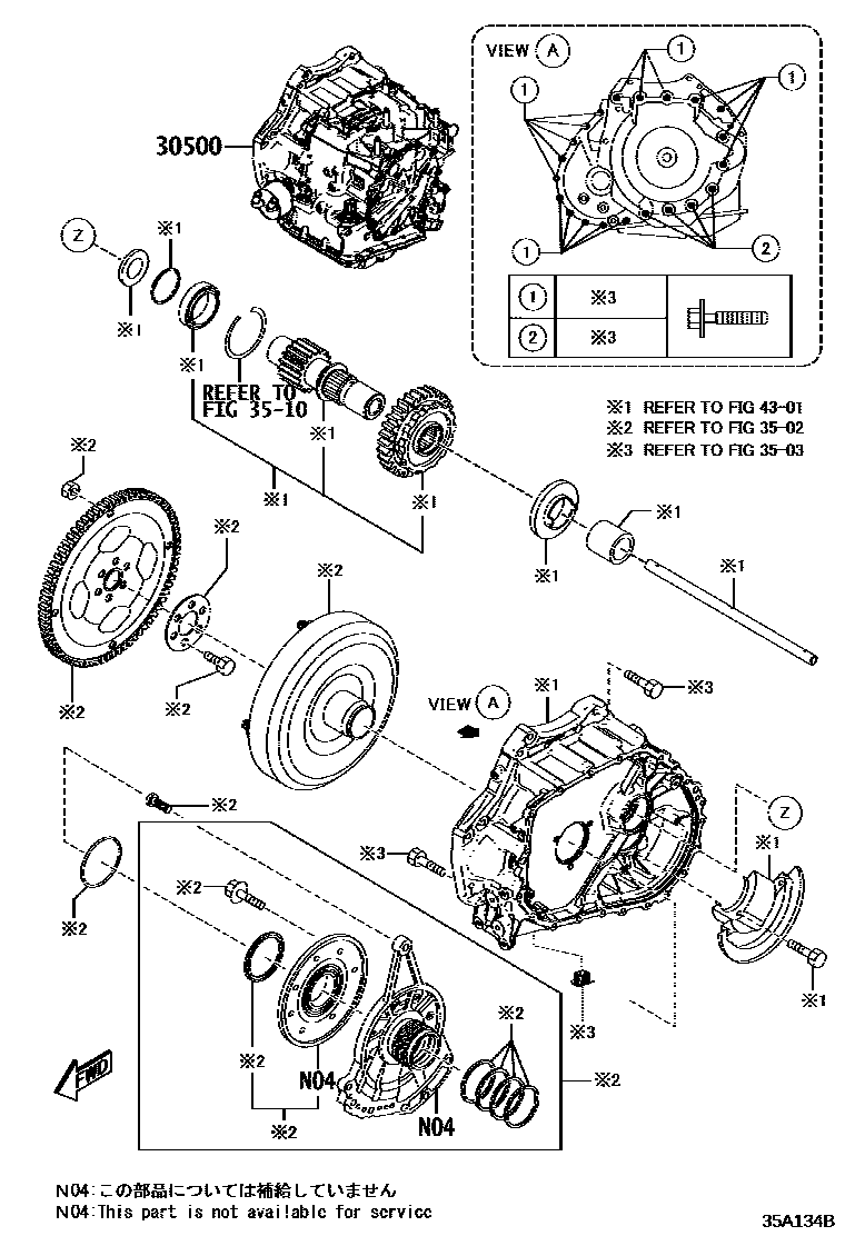 Toyota YARIS 传动桥或变速器总成和衬垫组件(ATM) EPC diagram — 35A134B