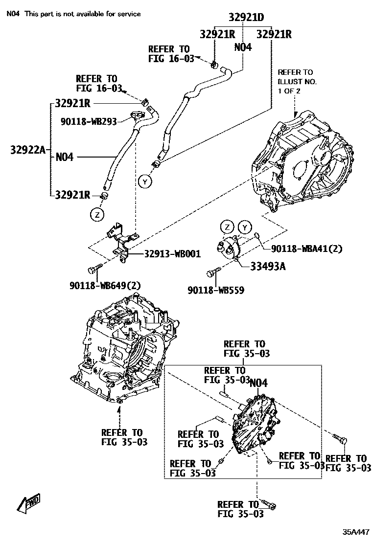 Toyota YARIS 变速器油冷却器和配管(ATM) EPC diagram — 35A447