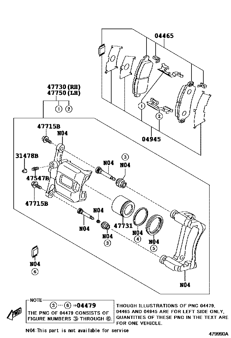 Toyota YARIS 前盘式制动器卡钳和防尘罩 EPC diagram — 479990A