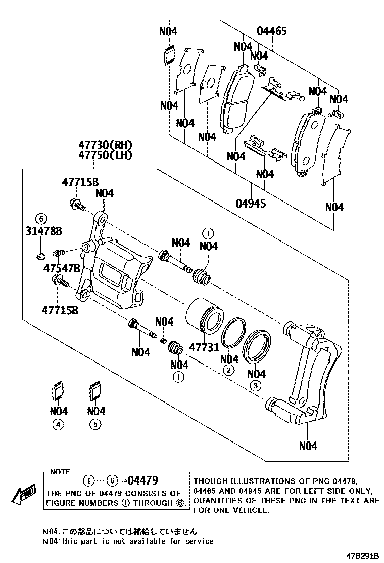 Toyota YARIS 前盘式制动器卡钳和防尘罩 EPC diagram — 47B291A