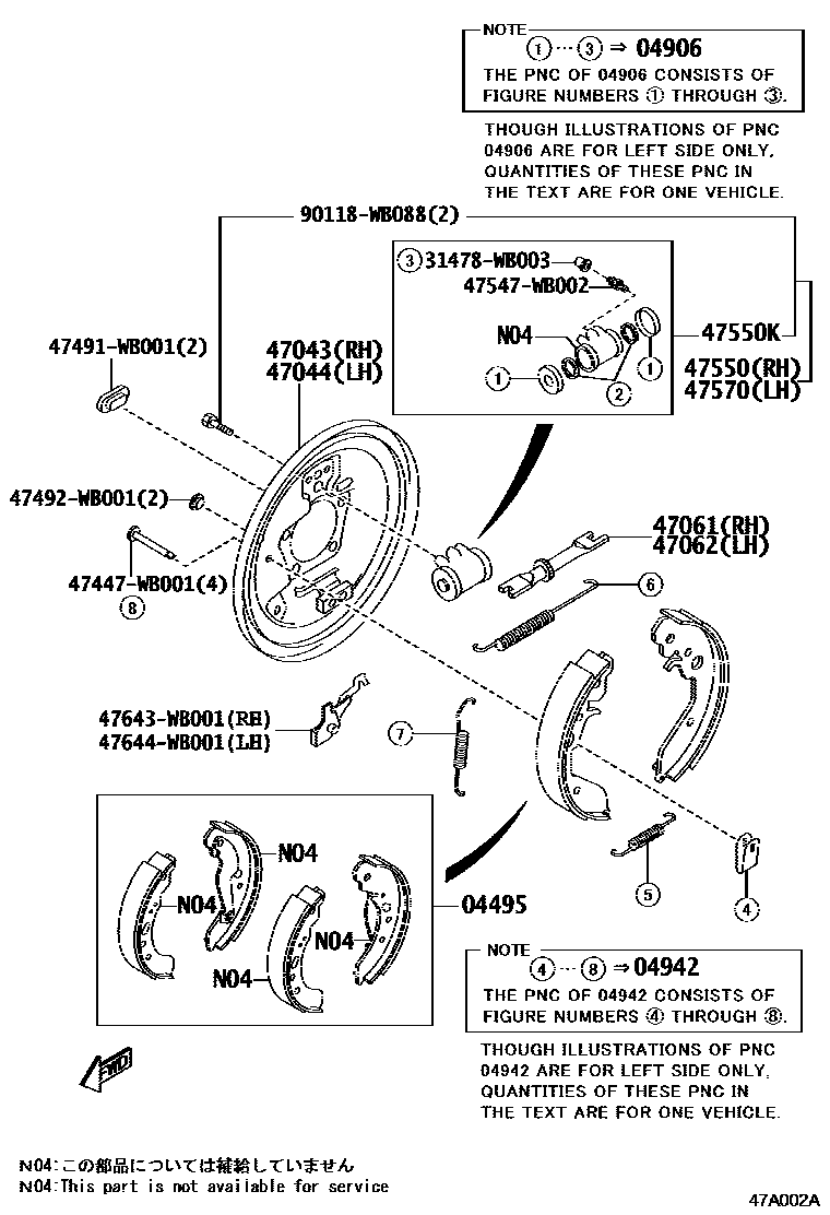Toyota YARIS 后鼓式制动器分泵和底板 EPC diagram — 47A002A
