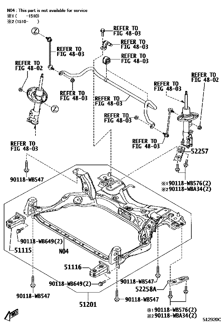 Toyota YARIS 悬架横梁和发动机底罩 EPC diagram — 512920C