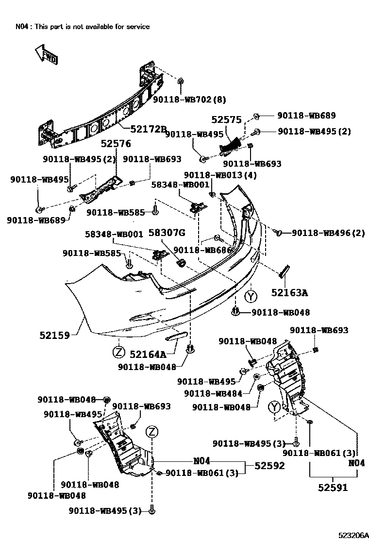 Toyota YARIS 后保险杠及附件 EPC diagram — 523206A
