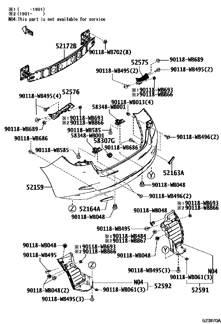 Toyota YARIS 后保险杠及附件 EPC diagram — 523870A