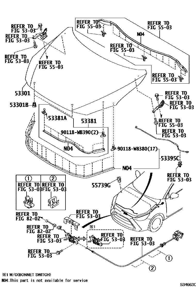 Toyota YARIS 发动机盖和前翼子板 EPC diagram — 534663D