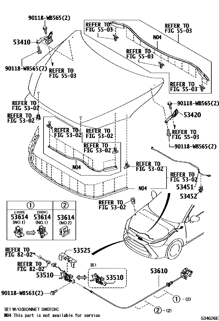 Toyota YARIS 发动机盖锁和铰链 EPC diagram — 534626E