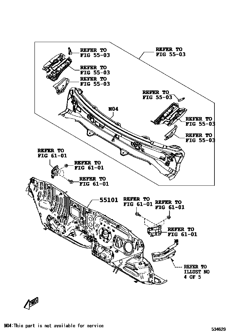 Toyota YARIS 前翼子板挡泥板和前围板 EPC diagram — 534629