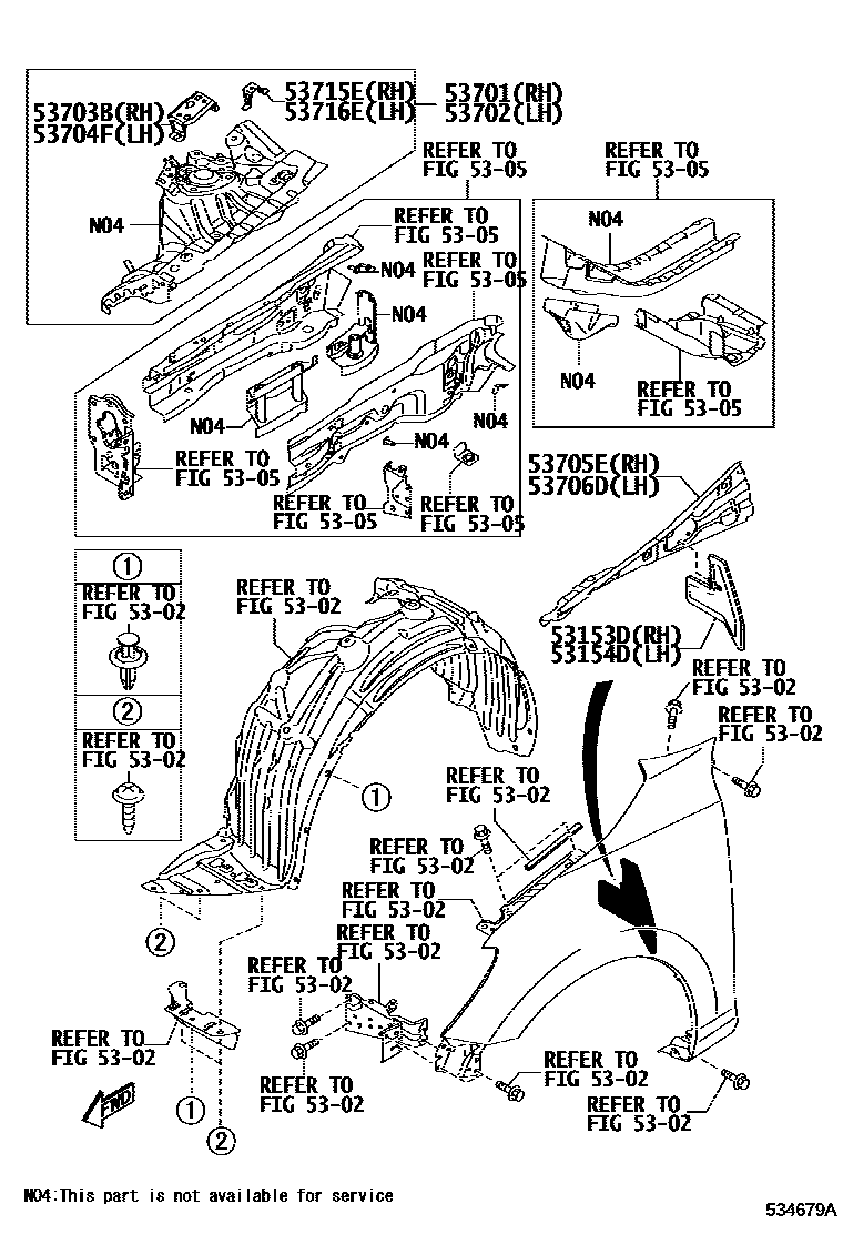 Toyota YARIS 前翼子板挡泥板和前围板 EPC diagram — 534679A